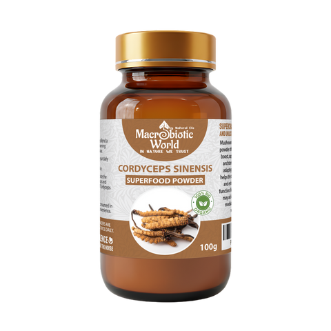 Bottle of Macrobiotic World Cordyceps Sinensis superfood powder on a white background