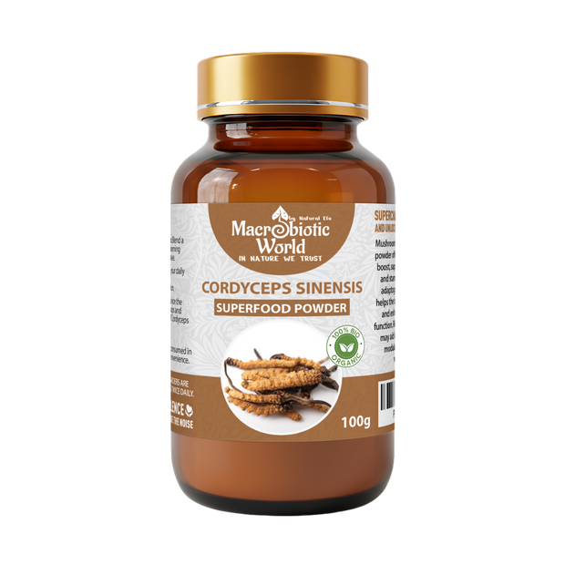 Bottle of Macrobiotic World Cordyceps Sinensis superfood powder on a white background