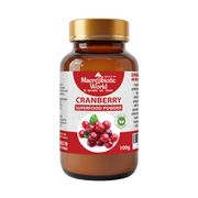 Bottle of Macrobiotic World Cranberry Superfood Powder on a white background
