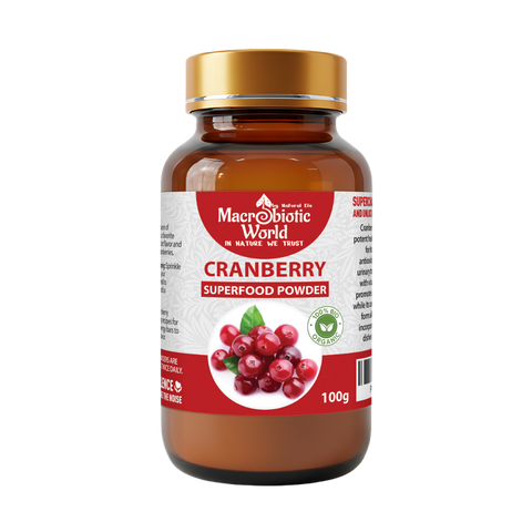 Bottle of Macrobiotic World Cranberry Superfood Powder on a white background
