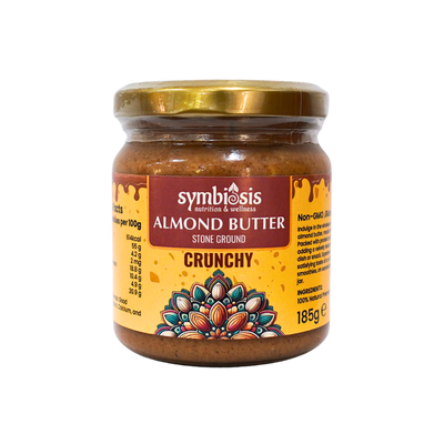 Jar of Symbiosis Almond Butter Crunchy on a white background
