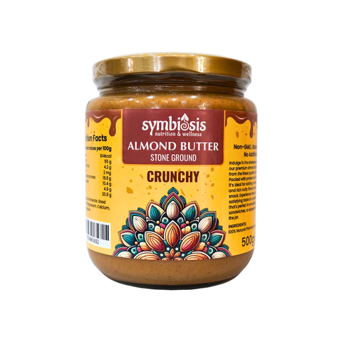 Jar of Symbiosis Almond Butter with decorative label on a white background