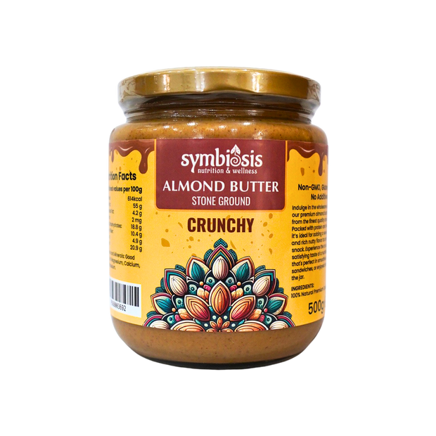 Jar of Symbiosis Almond Butter with decorative label on a white background