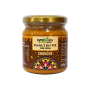 Jar of Symbiosis Peanut Butter with decorative label on a white background