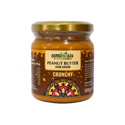 Jar of Symbiosis Peanut Butter with decorative label on a white background