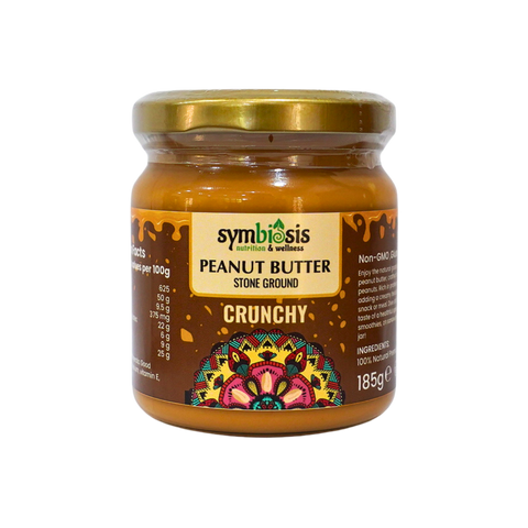 Jar of Symbiosis Peanut Butter with decorative label on a white background