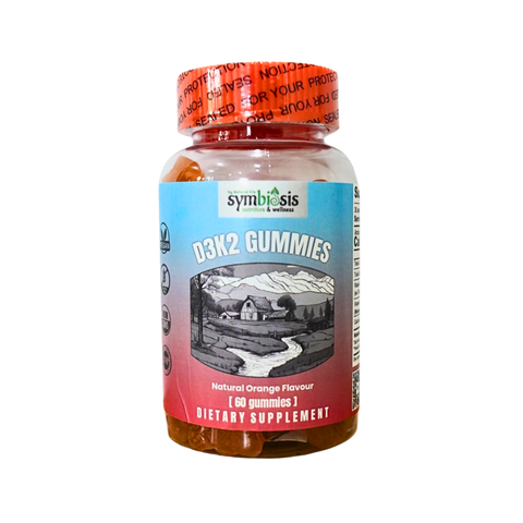 Supplement bottle labeled 'D3K2 Gummies' by Symbiosis on a white background