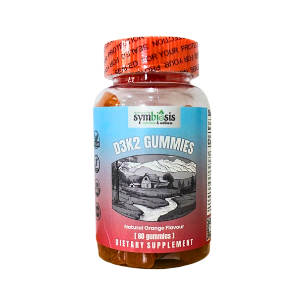 Supplement bottle labeled 'D3K2 Gummies' by Symbiosis on a white background