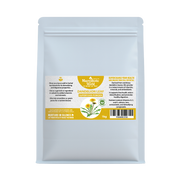 White packaging of dandelion leaf superfood powder with a label on a white background
