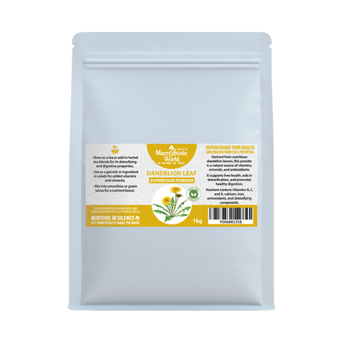 White packaging of dandelion leaf superfood powder with a label on a white background