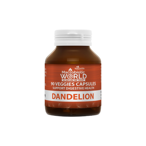 Bottle of Macrobiotic World Dandelion capsules on a white background