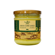 Jar of Desi Cow Ghee with a green label on a white background