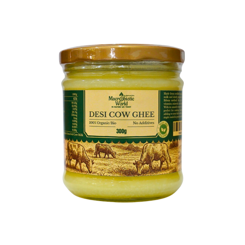 Jar of Desi Cow Ghee with a green label on a white background