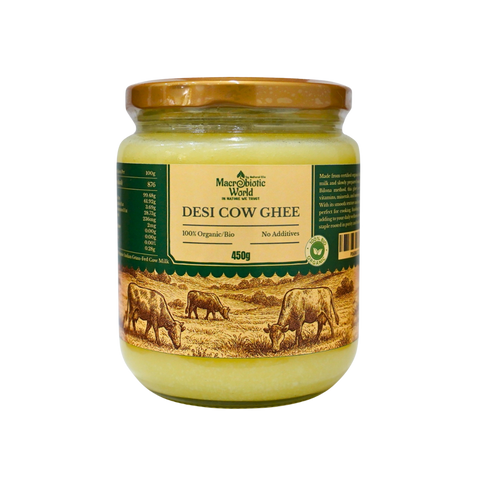 Jar of Desi Cow Ghee with a label on a white background
