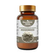 Bottle of Macrobiotic World Diatomaceous Earth Superfood Powder on a white background