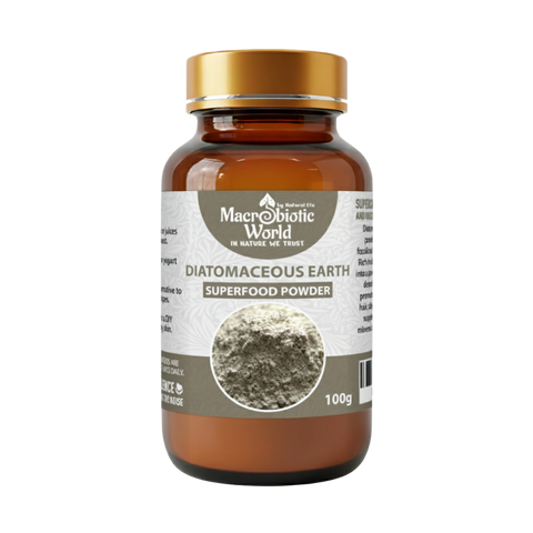 Bottle of Macrobiotic World Diatomaceous Earth Superfood Powder on a white background