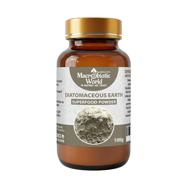 Bottle of Macrobiotic World Diatomaceous Earth Superfood Powder on a white background