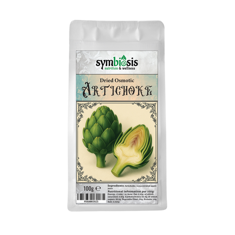 Package of dried osmotic artichoke by Symbiosis on a white background