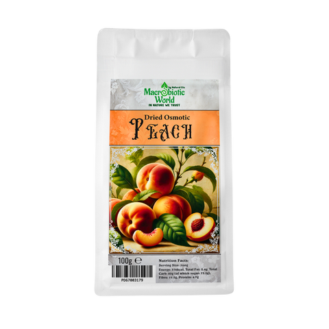 Packaged dried osmotic peach with brand logo on a white background