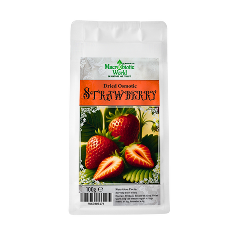 Package of dried osmotically preserved strawberries with a visible brand logo on a white background