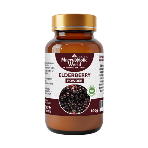 Bottle of Macrobiotic World Elderberry Powder on a white background