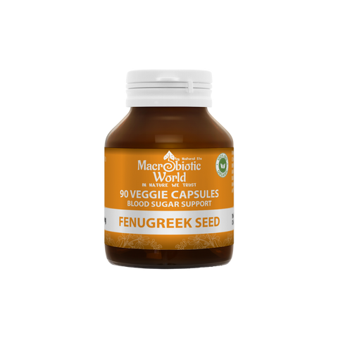 Bottle of Macrobiotic World Fenugreek Seed capsules on a white background