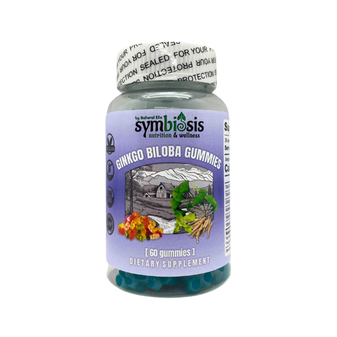 Supplement bottle labeled 'symbiosis nutrition & wellness' with gummy vitamins on a white background