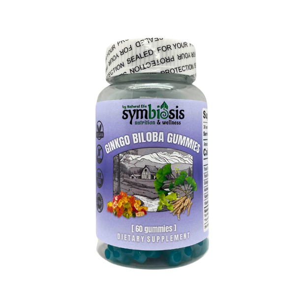 Supplement bottle labeled 'symbiosis nutrition & wellness' with gummy vitamins on a white background