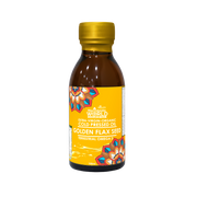Bottle of Golden Flax Seed oil with a colorful label on a white background