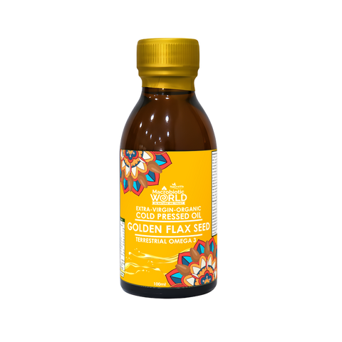 Bottle of Golden Flax Seed oil with a colorful label on a white background