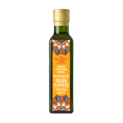Bottle of Golden Flaxseed oil with a colorful label on a white background