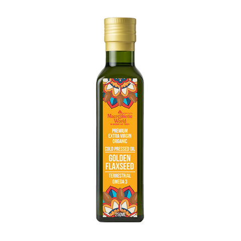 Bottle of Golden Flaxseed oil with a colorful label on a white background