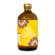 Bottle of Golden Flax Seed oil with a colorful label on a white background