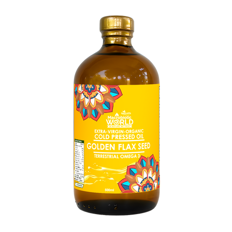Bottle of Golden Flax Seed oil with a colorful label on a white background