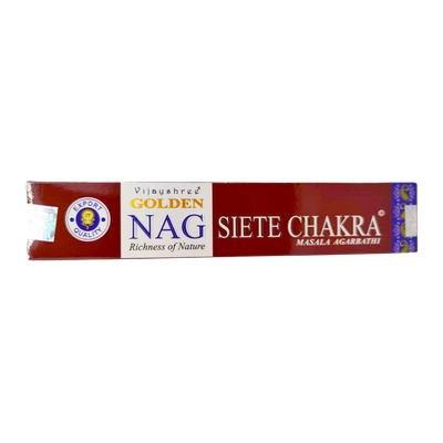 Pack of Golden Nag Siete Chakra incense sticks on a white background