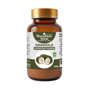 Bottle of Macrobiotic World Graviola Superfood Powder on a white background