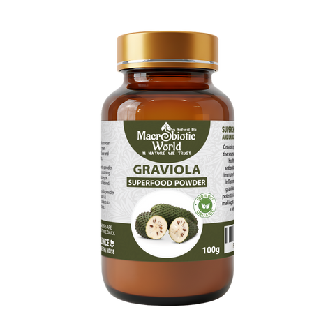 Bottle of Macrobiotic World Graviola Superfood Powder on a white background