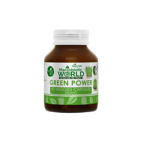 Bottle of Macrobiotic World Green Power capsules on a white background