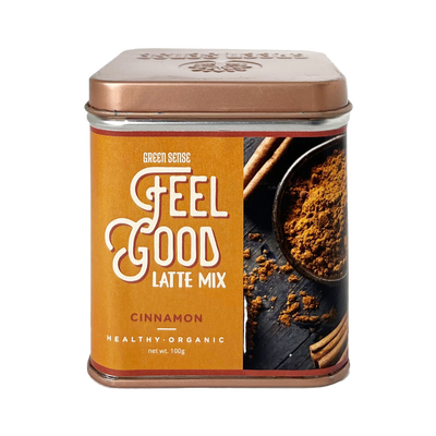 Cinnamon latte mix canister with 'Feel Good' branding on a white background