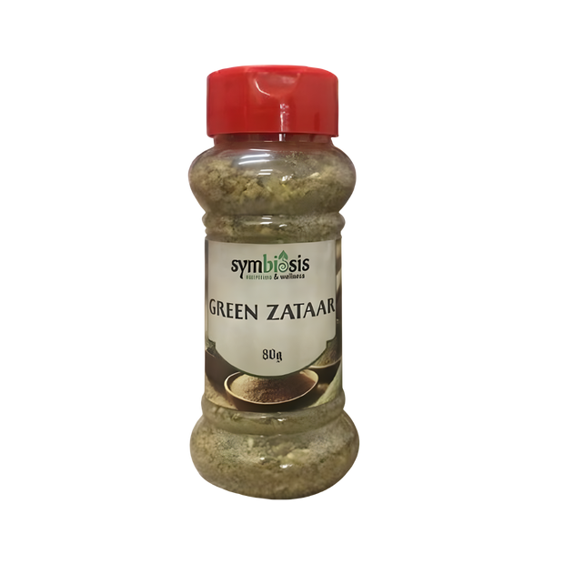 Bottle of Symbiosis Green Zataar spice on a white background