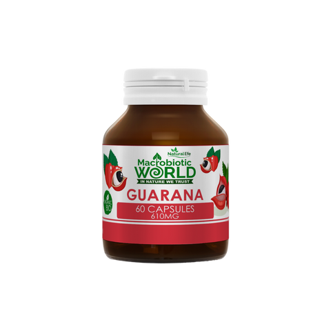 Bottle of Macrobiotic World Guarana capsules on a white background
