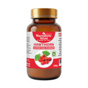 Bottle of Hawthorn superfood powder with a red label on a white background