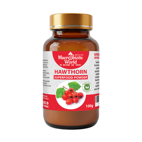Bottle of Hawthorn superfood powder with a red label on a white background