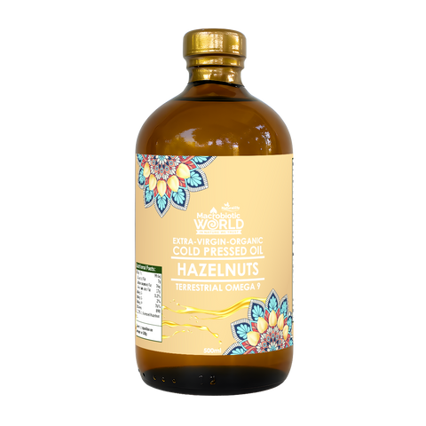 Bottle of hazelnut oil with a colorful label on a white background