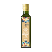 Bottle of Hazelnuts Oil with a colorful label on a white background
