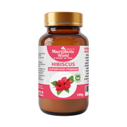 Bottle of Macrobiotic World Hibiscus Superfood Powder on a white background