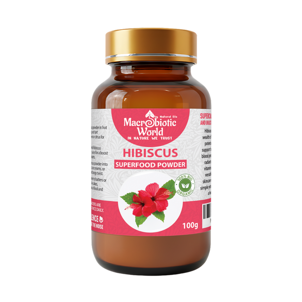 Bottle of Macrobiotic World Hibiscus Superfood Powder on a white background