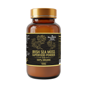 Bottle of Irish Sea Moss Superfood Powder with a gold cap on a white background