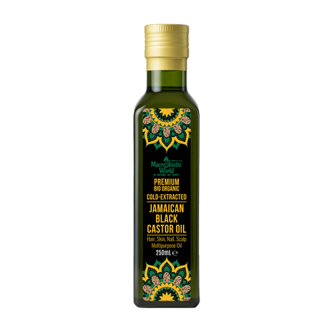 Bottle of Jamaican Black Castor Oil with decorative label on a white background