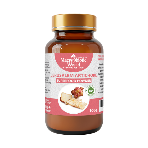 Bottle of Macrobiotic World Jerusalem Artichoke Superfood Powder on a white background